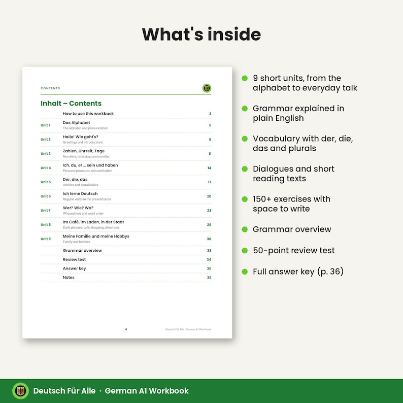 German A1 Workbook PDF for Beginners, 40 Pages, 150+ Exercises, Answer Key, Printable German Grammar and Vocabulary Worksheets image 1