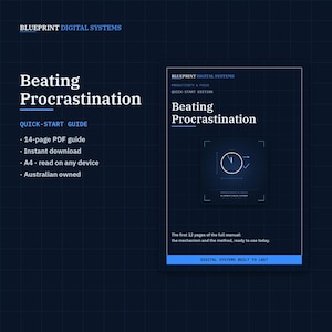 May include: A dark blue digital guide titled Beating Procrastination by Blueprint Digital Systems. It features a 14-page PDF format, A4 size, and includes a clock icon. The text highlights a quick-start edition and the first 12 pages of the manual.