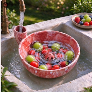 Könnte beinhalten: Eine runde, rosa-weiß marmorierte Keramikschale mit integriertem Ausguss und zentraler Zitruspresse, gefüllt mit Wasser, roten Kirschtomaten und grünen Weintrauben. Ein kupferfarbener Wasserhahn gießt Wasser in den Ausguss.