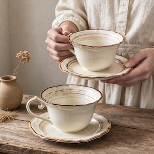 Vintage Wabi Sabi Ceramic Cup and Saucer Set, Handmade French Rim Coffee Mug, Rustic Breakfast Tea Cup, Unique Hand Thrown Pottery Gift