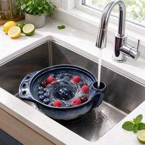 Könnte beinhalten: Ein dunkelblaues Beeren-Sieb aus Keramik mit Spiralmuster und integriertem Griff, platziert in einem Edelstahl-Spülbecken unter einem Chrom-Wasserhahn. Die Schale enthält frische Blaubeeren und Himbeeren, die mit Wasser abgespült werden.