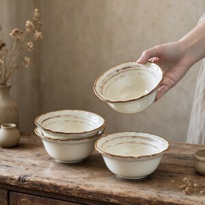 Handmade Wabi Sabi Ceramic Rice Bowl, 5 Inch Cream Glazed Dessert Bowl, Unique Rustic Pottery Bowl, Small Serving Bowl for Oatmeal Soup