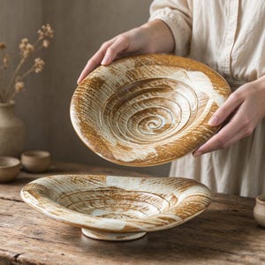 Wabi Sabi Handmade Ceramic Plate, Irregular Rustic Pottery Plate, Swirl Serving Plate,Farmhouse Dinnerware, Kitchen Decor, Housewarming Gift