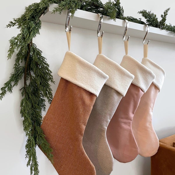 Boho Linen Sherpa Fleece Christmas Stockings - Bohemian Stocking | Retro Christmas | Vintage Style Christmas Stocking