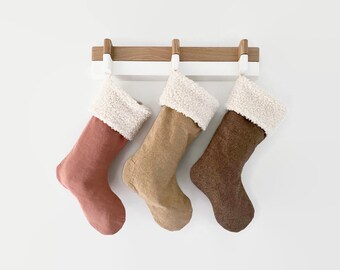 Boho Linen Sherpa Fleece Christmas Stockings - Bohemian Stocking | Minimalist Stockings | Retro Christmas | Vintage Style Christmas Stocking