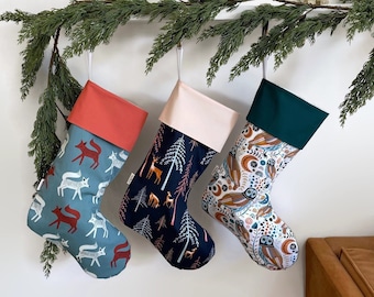 Woodland Christmas Stocking | Fox Deer Fawn Owl Mushroom Stocking| Forest Kids Stocking | Embroidered Personalized Family Christmas Stocking