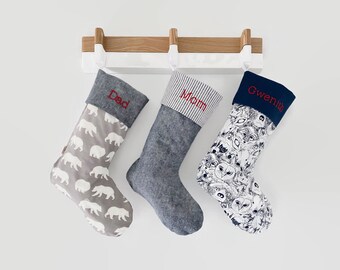 Modern Denim Blue Linen Christmas Stocking - Custom Embroidered Stocking | Modern Kids Stocking | Denim Stripe Christmas Stocking