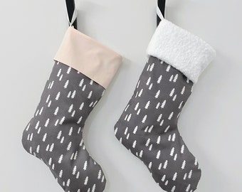 Modern Christmas Stocking - Grey White Trees Stocking | Modern Kids Stockings | Modern Woodland Stocking | Sherpa Fleece Modern Stocking