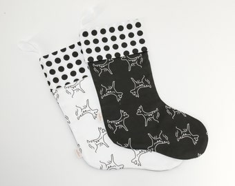 CLEARANCE Black & White Fawn Christmas Stocking - Black White Deer Luxury Holiday Stocking in Organic Cotton Sateen | Cotton Flannel Lining