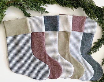 Modern Linen Christmas Stocking - Solid or Striped Linen Stocking | Modern Kids Stocking | Minimalist Stripe Christmas Stocking