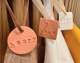 Embossed Christmas Stocking Tags | Clay Gift Tags | White Clay Personalized Ornaments | Custom Gift Tags | Christmas Stocking Name Tag