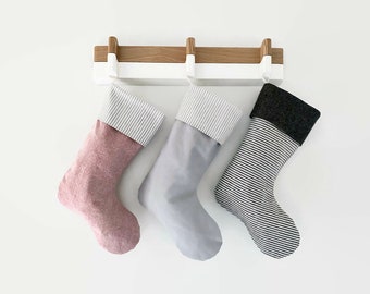 Modern Striped Linen Christmas Stocking - Custom Embroidered Stocking | Modern Kids Stocking | Minimalist Stripe Christmas Stocking