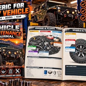 May include: A vehicle maintenance journal with a cover featuring an off-road vehicle and mountains. The open pages display diagrams for engine fluids, air filters, and wheel specifications with blank fields for recording data and maintenance logs.