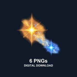 May include: A digital graphic featuring a large, glowing golden starburst with radiating light rays, connected by a trail of sparkling blue particles to a smaller, bright blue starburst. The text 6 PNGs DIGITAL DOWNLOAD is below.