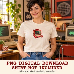 May include: A cream-colored t-shirt featuring a graphic print of a red portable computer with a cherry icon on the screen. The shirt is paired with blue denim jeans. The text at the bottom reads PNG DIGITAL DOWNLOAD SHIRT NOT INCLUDED.