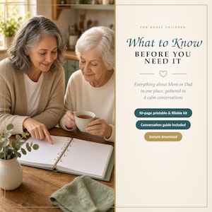 Könnte beinhalten: Ein 50-seitiges druckbares und ausfüllbares Set mit dem Titel What to Know BEFORE YOU NEED IT, das für erwachsene Kinder entwickelt wurde, um Informationen über Eltern zu sammeln. Enthält einen Gesprächsleitfaden und ist als Sofort-Download erhältlich.