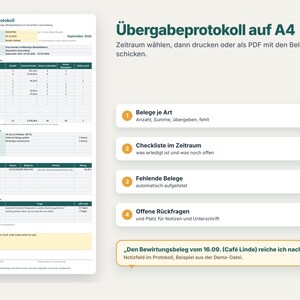 May include: A digital document template titled &Uuml;bergabeprotokoll on A4 paper, featuring a table for tracking receipts, a monthly checklist, a section for missing documents, open inquiries, and a notes field with a sample entry.