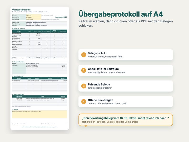 May include: A digital document template titled &Uuml;bergabeprotokoll on A4 paper, featuring a table for tracking receipts, a monthly checklist, a section for missing documents, open inquiries, and a notes field with a sample entry.