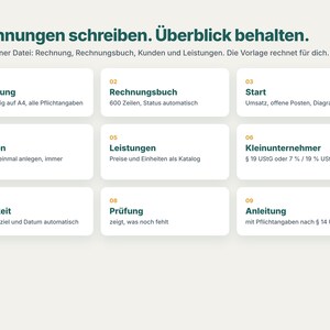 K&ouml;nnte beinhalten: Eine digitale Vorlage mit der &Uuml;berschrift Rechnungen schreiben. &Uuml;berblick behalten. Sie enth&auml;lt neun nummerierte, wei&szlig;e rechteckige Felder mit dunkelgr&uuml;nem Text, die Buchhaltungsfunktionen wie Rechnung, Rechnungsbuch, Kunden und Steuerdetails beschreiben.