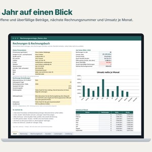K&ouml;nnte beinhalten: Eine digitale Tabellenkalkulation auf einem Laptop-Bildschirm mit dem Titel Rechnungen & Rechnungsbuch. Die Benutzeroberfl&auml;che enth&auml;lt Bereiche f&uuml;r Firmendaten, Rechnungseinstellungen, ein Balkendiagramm zum Nettoumsatz und eine monatliche &Uuml;bersichtstabelle.