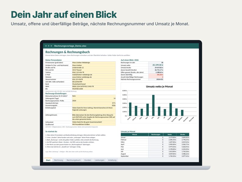 K&ouml;nnte beinhalten: Eine digitale Tabellenkalkulation auf einem Laptop-Bildschirm mit dem Titel Rechnungen & Rechnungsbuch. Die Benutzeroberfl&auml;che enth&auml;lt Bereiche f&uuml;r Firmendaten, Rechnungseinstellungen, ein Balkendiagramm zum Nettoumsatz und eine monatliche &Uuml;bersichtstabelle.