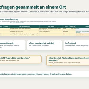 May include: A digital dashboard interface titled R&uuml;ckfragen gesammelt an einem Ort, featuring a table for tax consultation queries with columns for date, month, receipt number, question, answer, status, completion date, and notes.