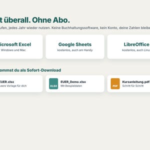 May include: A digital product information graphic featuring the text L&auml;uft &uuml;berall. Ohne Abo. and Das bekommst du als Sofort-Download. It lists compatibility with Microsoft Excel, Google Sheets, and LibreOffice, and includes files labelled EUER.xlsx, EUER_Demo.xlsx, and Kurzanleitung.pdf.