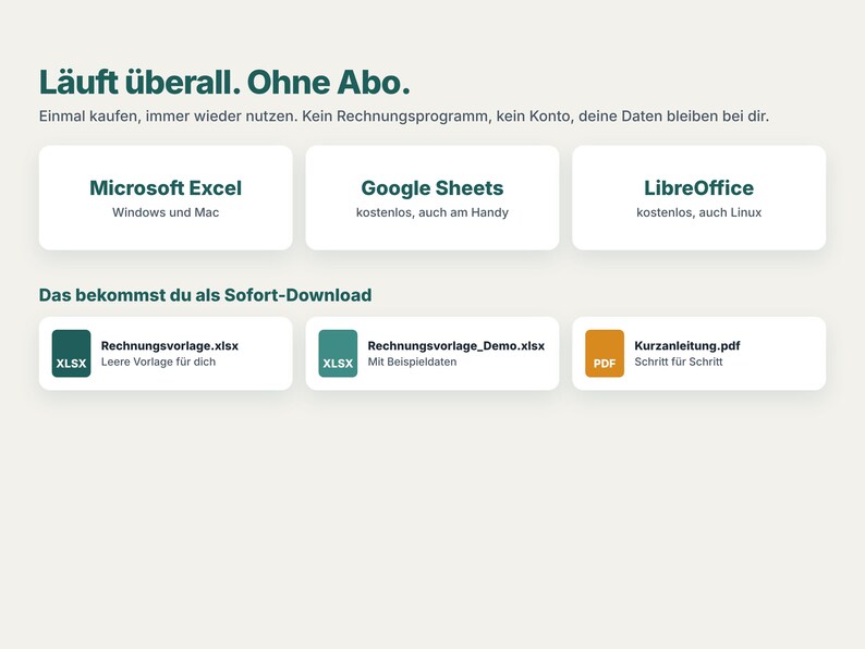 K&ouml;nnte beinhalten: Eine digitale Produkt&uuml;bersicht mit dunkelgr&uuml;nem Text auf hellem Hintergrund. Sie zeigt die Kompatibilit&auml;t mit Microsoft Excel, Google Sheets und LibreOffice. Enthalten sind drei Dateien zum Download: Rechnungsvorlage.xlsx, Rechnungsvorlage_Demo.xlsx und Kurzanleitung.pdf.