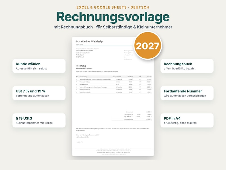 K&ouml;nnte beinhalten: Eine digitale Rechnungsvorlage f&uuml;r Excel und Google Sheets mit der Aufschrift Rechnungsvorlage 2027. Das Dokument enth&auml;lt Felder f&uuml;r Kundenauswahl, automatische Steuerberechnung f&uuml;r 7% und 19% USt, Rechnungsbuch und A4-PDF-Formatierung.