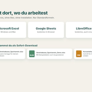 K&ouml;nnte beinhalten: Eine digitale Produktgrafik mit der &Uuml;berschrift L&auml;uft dort, wo du arbeitest. Sie listet die Softwarekompatibilit&auml;t f&uuml;r Microsoft Excel, Google Sheets und LibreOffice auf und zeigt die Sofort-Download-Dateien Vereinskasse_Sportverein.xlsx, Vereinskasse_Sportverein_Demo.xlsx und Kurzanleitung.pdf.