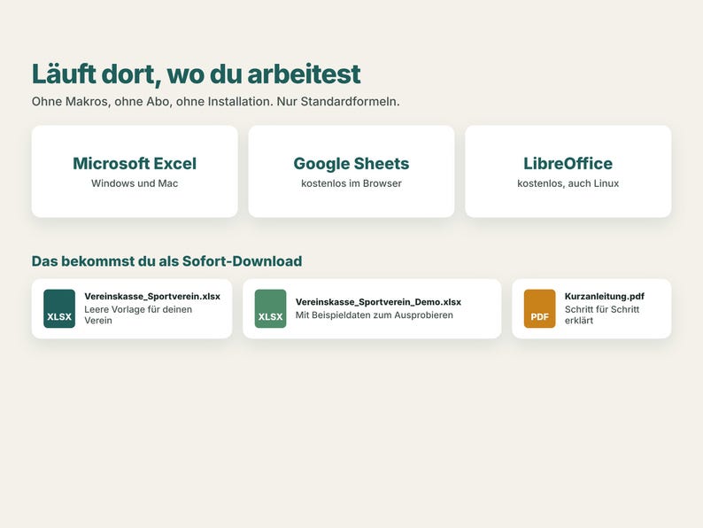 K&ouml;nnte beinhalten: Eine digitale Produktgrafik mit der &Uuml;berschrift L&auml;uft dort, wo du arbeitest. Sie listet die Softwarekompatibilit&auml;t f&uuml;r Microsoft Excel, Google Sheets und LibreOffice auf und zeigt die Sofort-Download-Dateien Vereinskasse_Sportverein.xlsx, Vereinskasse_Sportverein_Demo.xlsx und Kurzanleitung.pdf.