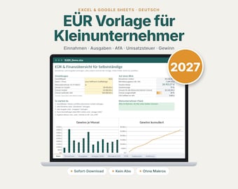 Könnte beinhalten: Eine digitale Tabellenvorlage für die Buchhaltung von Kleinunternehmern auf einem Laptop-Bildschirm. Die Benutzeroberfläche zeigt Finanzkategorien wie Einnahmen, Ausgaben und Gewinn sowie Diagramme zur monatlichen und kumulierten Entwicklung für 2027.