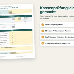 K&ouml;nnte beinhalten: Ein Dokument mit dem Titel Protokoll der Kassenpr&uuml;fung - Gesch&auml;ftsjahr 2026 mit Tabellen f&uuml;r Finanzdaten, neben einer Liste mit Funktionen wie Soll-Ist-Abgleich je Konto, 8 typische Pr&uuml;fpunkte zum Abhaken, Empfehlung zur Entlastung des Vorstands und Unterschriftszeilen f&uuml;r beide Pr&uuml;fer.