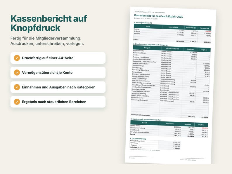 Excel-Vorlage Vereinskasse komplett mit Kassenbuch, Mitgliederverwaltung, Beiträgen, Kassenbericht und Kassenprüfung