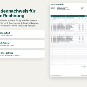May include: A digital timesheet template titled Stundennachweis featuring a structured table with columns for date, project, task, start and end times, hours, and amounts, alongside text boxes explaining features like A4 printing and filtering.