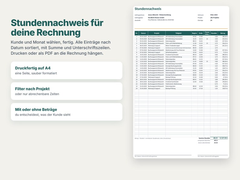 May include: A digital timesheet template titled Stundennachweis featuring a structured table with columns for date, project, task, start and end times, hours, and amounts, alongside text boxes explaining features like A4 printing and filtering.