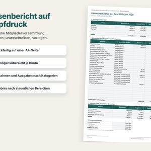 K&ouml;nnte beinhalten: Ein digitales Dokument mit dem Titel Kassenbericht f&uuml;r das Gesch&auml;ftsjahr 2026, das einen Finanzbericht mit Tabellen zu Verm&ouml;genswerten, Einnahmen und Ausgaben enth&auml;lt. Das Layout zeigt eine Liste von Funktionen mit H&auml;kchen.