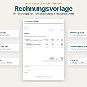 May include: A digital invoice template for Excel and Google Sheets titled Rechnungsvorlage. The document includes fields for customer selection, automated address filling, tax calculations at 7% and 19%, and a status tracker for payments.