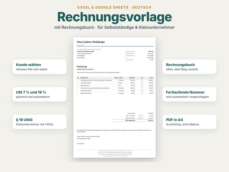May include: A digital invoice template for Excel and Google Sheets titled Rechnungsvorlage. The document includes fields for customer selection, automated address filling, tax calculations at 7% and 19%, and a status tracker for payments.