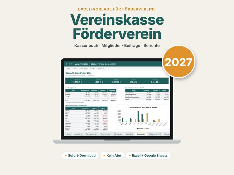 K&ouml;nnte beinhalten: Eine digitale Excel-Vorlage f&uuml;r die Vereinskasse auf einem Laptop-Bildschirm. Die Benutzeroberfl&auml;che zeigt Finanztabellen, Diagramme und den Text "Vereinskasse F&ouml;rderverein" mit einem 2027-Abzeichen sowie Reiter f&uuml;r Mitglieder und Beitr&auml;ge.