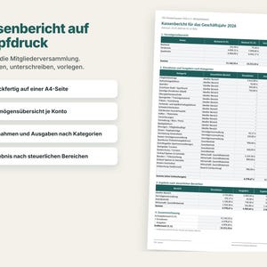 K&ouml;nnte beinhalten: Eine digitale Dokumentenvorlage mit dem Titel Kassenbericht auf Knopfdruck f&uuml;r das Gesch&auml;ftsjahr 2026. Das Layout enth&auml;lt eine Liste mit Funktionen sowie eine detaillierte Tabelle mit Kontost&auml;nden, Einnahmen und Ausgaben in Euro.