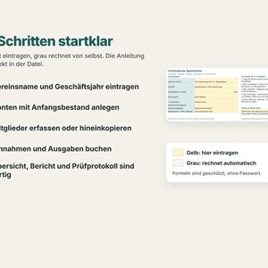 K&ouml;nnte beinhalten: Eine grafische Anleitung mit dem Titel In 5 Schritten startklar f&uuml;r eine Vereinsbuchhaltungs-Tabelle. Sie enth&auml;lt eine nummerierte Liste, ein Beispielformular sowie eine Legende, die gelbe Felder f&uuml;r manuelle Eingaben und graue Felder f&uuml;r automatische Berechnungen kennzeichnet.