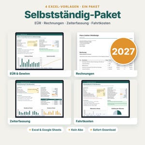 May include: A digital bundle of four Excel templates titled Selbstaendig-Paket, featuring spreadsheets for E&Uuml;R, invoices, time tracking, and travel expenses. The display includes data charts, financial tables, and a 2027 orange circular badge.