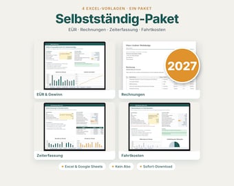 Könnte beinhalten: Ein digitales Paket mit vier Excel-Vorlagen namens Selbstaendig-Paket, das Tabellen für EÜR, Rechnungen, Zeiterfassung und Fahrtkosten enthält. Die Darstellung umfasst Datencharts, Finanztabellen und ein orangefarbenes 2027-Abzeichen.