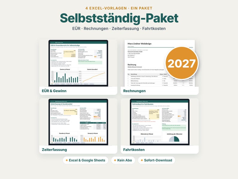 May include: A digital bundle of four Excel templates titled Selbstaendig-Paket, featuring spreadsheets for E&Uuml;R, invoices, time tracking, and travel expenses. The display includes data charts, financial tables, and a 2027 orange circular badge.