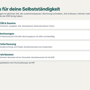 May include: A digital document set titled Alles f&uuml;r deine Selbstst&auml;ndigkeit featuring four templates: E&Uuml;R & Gewinn, Rechnungen, Zeiterfassung, and Fahrtkosten. Includes four example files and four PDF instruction guides for business management.