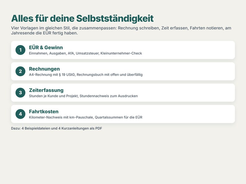 May include: A digital document set titled Alles f&uuml;r deine Selbstst&auml;ndigkeit featuring four templates: E&Uuml;R & Gewinn, Rechnungen, Zeiterfassung, and Fahrtkosten. Includes four example files and four PDF instruction guides for business management.