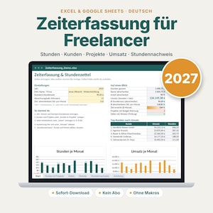 May include: A digital spreadsheet template for time tracking displayed on a laptop screen. The interface includes sections for hours, clients, projects, and revenue, with bar charts visualising monthly data and a prominent 2027 circular badge.