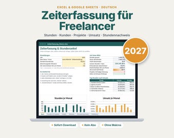 Könnte beinhalten: Eine digitale Tabellenvorlage zur Zeiterfassung auf einem Laptop-Bildschirm. Die Benutzeroberfläche enthält Bereiche für Stunden, Kunden, Projekte und Umsatz sowie Balkendiagramme zur Visualisierung der Monatsdaten und ein 2027-Abzeichen.