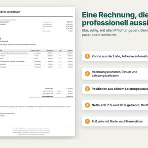 K&ouml;nnte beinhalten: Eine wei&szlig;e Dokumentvorlage mit dem Titel Mara Lindner Webdesign, die ein detailliertes Rechnungslayout mit Spalten f&uuml;r Beschreibung, Menge, Einzelpreis, Steuersatz und Gesamtbetrag sowie f&uuml;nf nummerierte Textfelder zur Erl&auml;uterung zeigt.